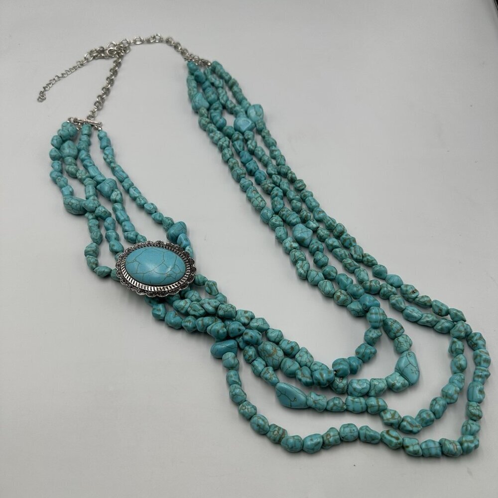 Faux Turquoise Beaded Necklace Chunky Long Multi Strand Boho Southwestern